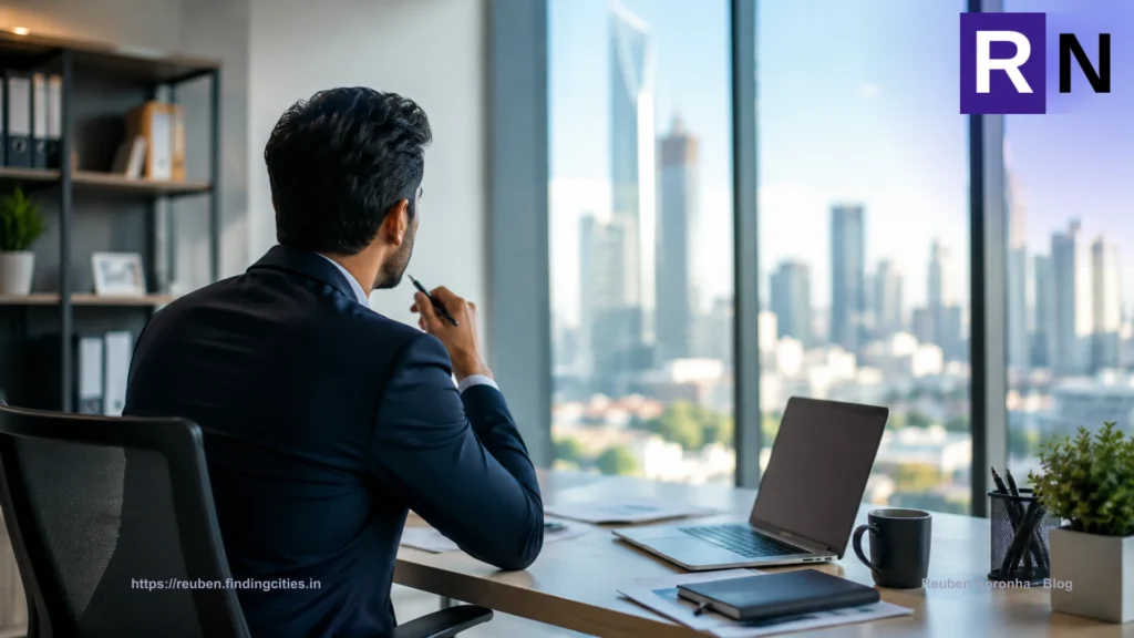 A marketing consultant looking out side while sitting at his desk