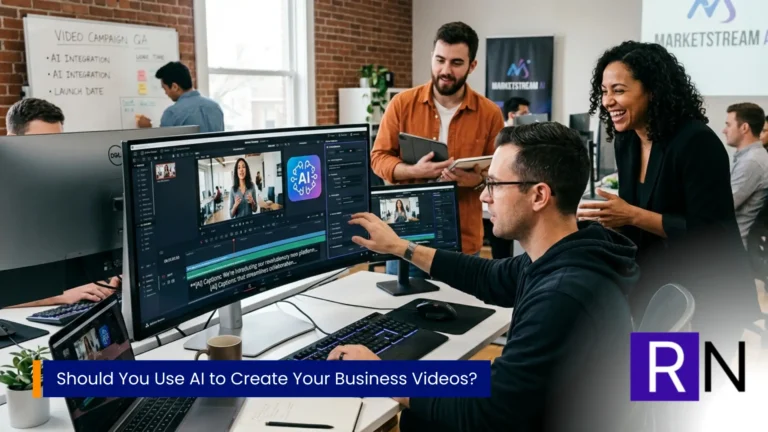 Marketing team working with the video editor who is working with AI to build the video