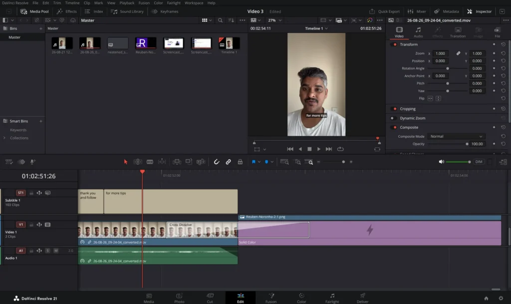 shows me editing a marketing video on linux with davinci resolve