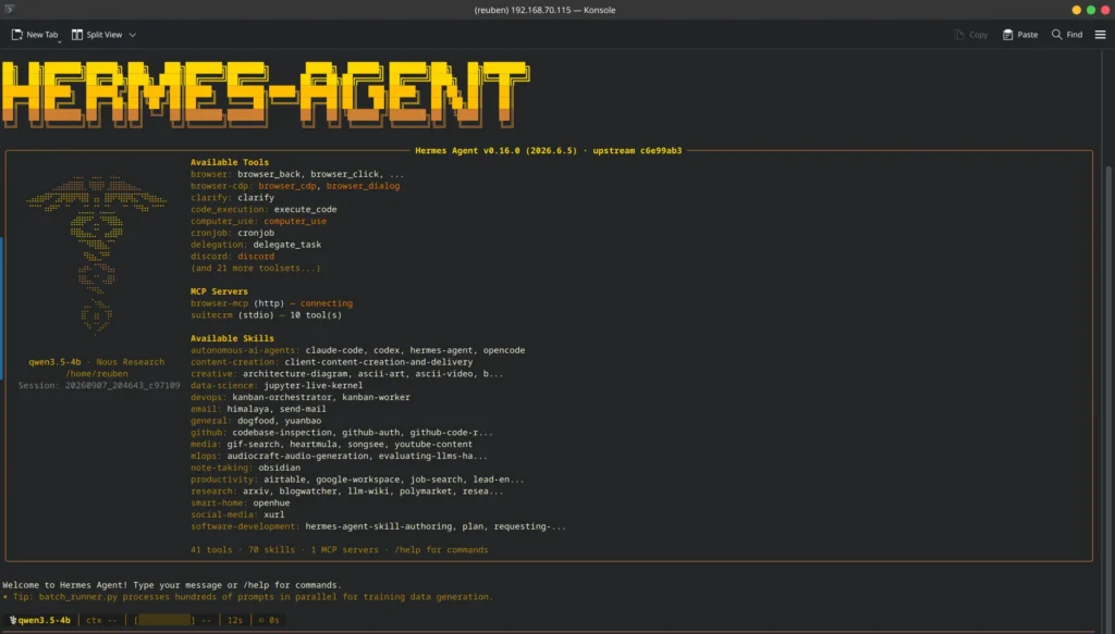 shows hermes agent which I am using AI for marketing 