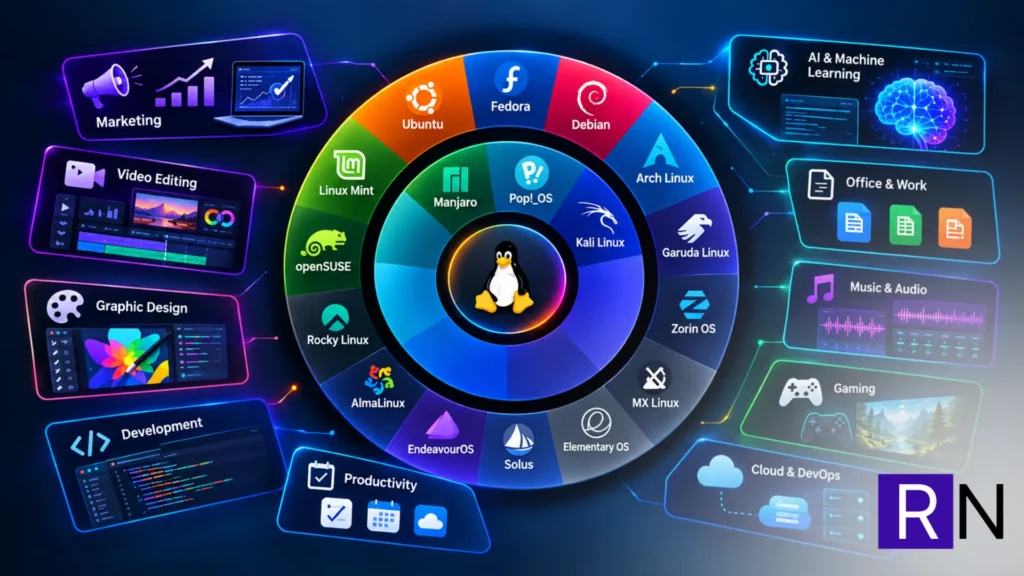 Shows different linux and activities like marketing