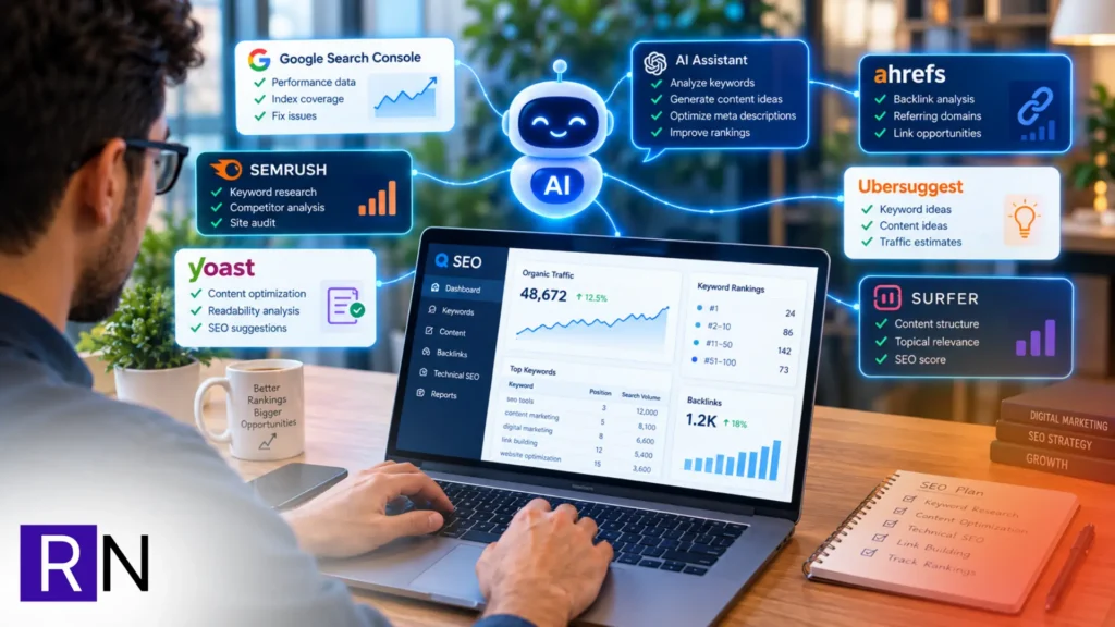 A person working on SEO tools with AI on this laptop