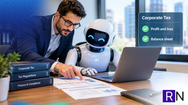 Businessman and AI robot reviewing corporate tax documents and financial statements together.