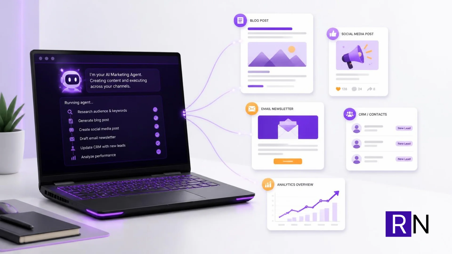 Laptop running a self-hosted AI agent with Hermes and LM Studio, connected to blog, social, email, CRM and analytics tasks, illustrating agentic AI for marketing.