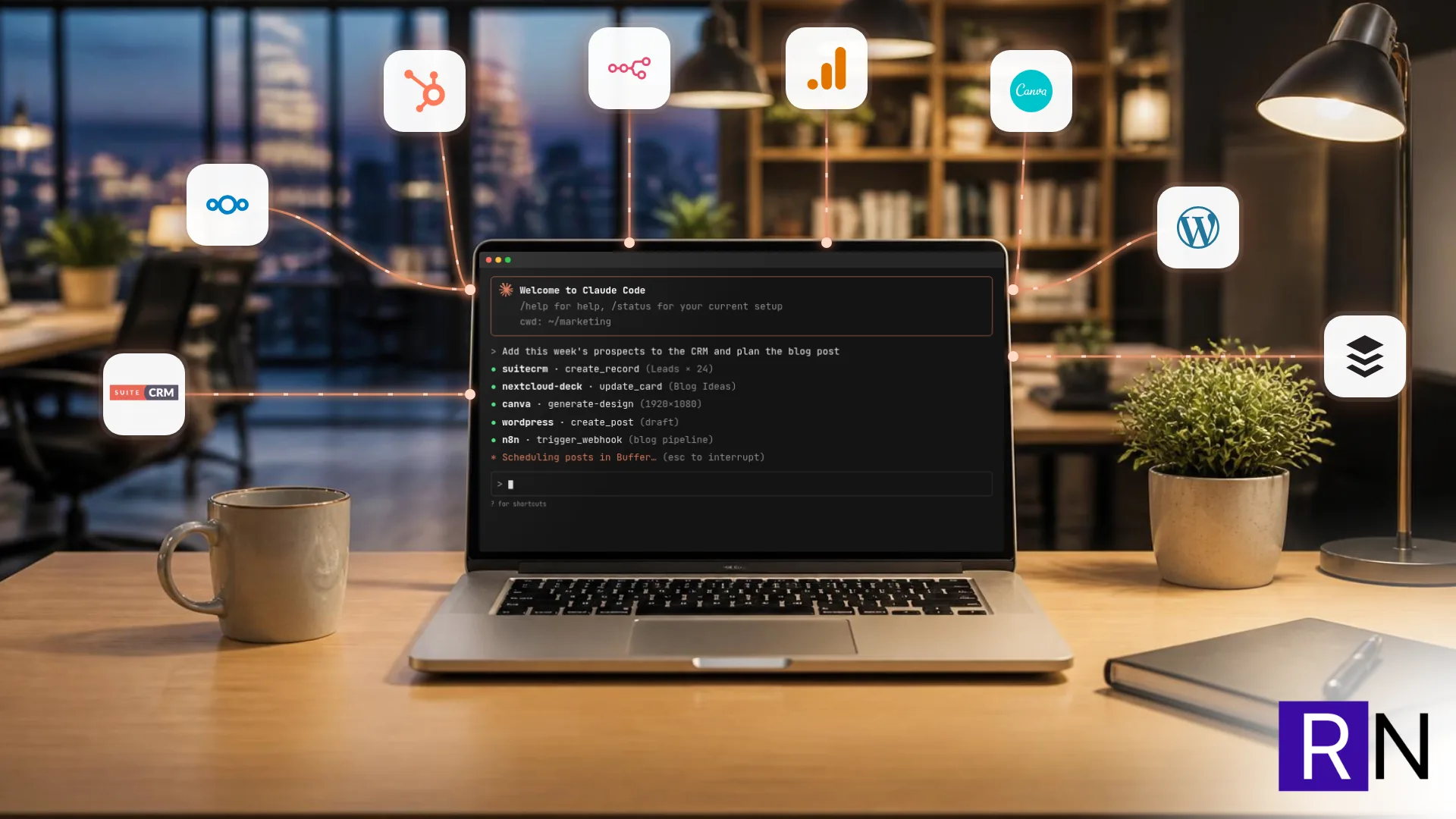 Claude Code running in the terminal on a laptop in an office, connected to SuiteCRM, Nextcloud, HubSpot, n8n, Google Analytics, Canva, WordPress and Buffer