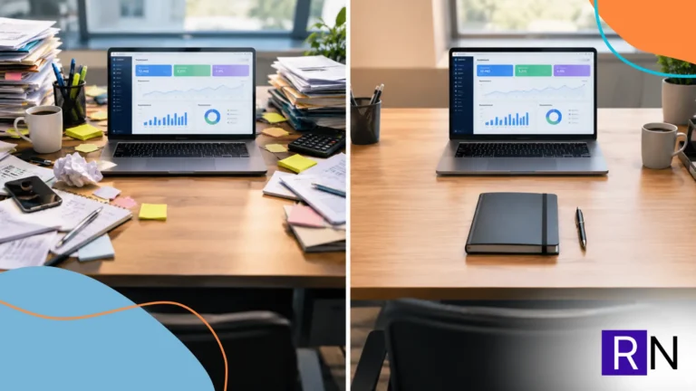 Cluttered marketing desk beside a clear one showing the same dashboard, illustrating marketing mistakes to avoid.