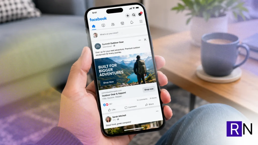 Phone showing a sponsored Facebook ad in the news feed, illustrating Meta ads optimization for lead generation.