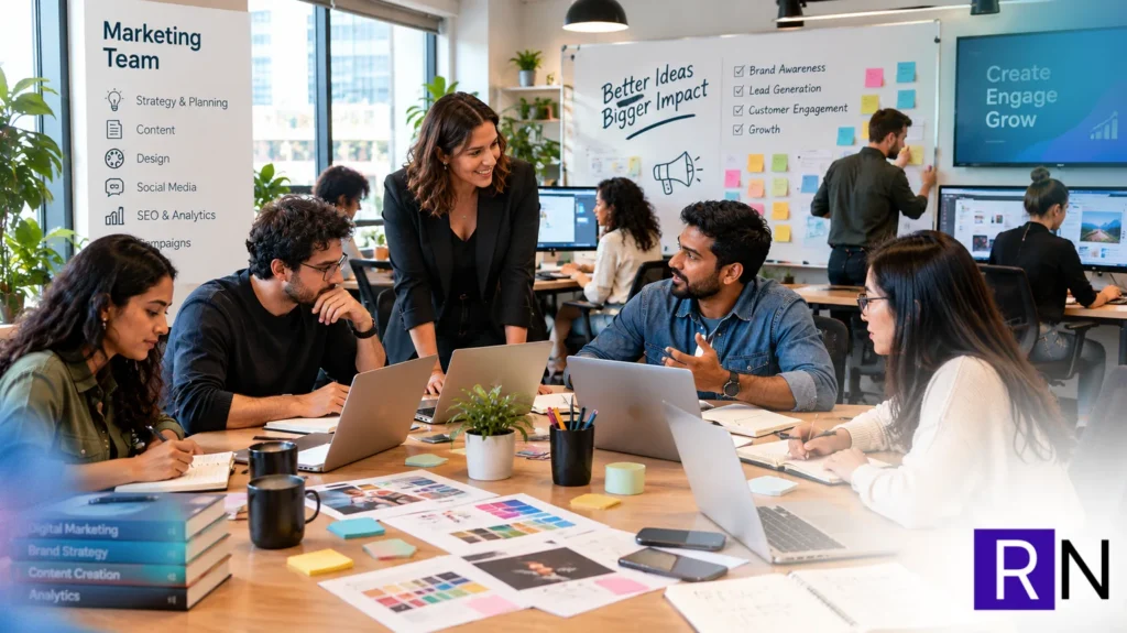 Marketing team planning content ideas around laptops and a whiteboard, illustrating content planning in Nextcloud Deck with AI.